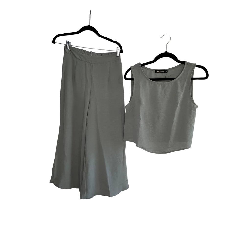 Roylamp Sage Green Linen Blend Wide Leg Crop Pants Top Set Size‎ S
